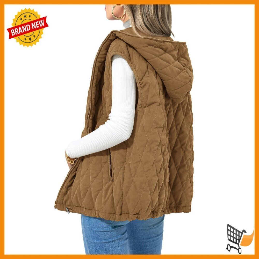 Sleeveless Hooded Zip-Up Puffer Vest, Cotton Padding, Pockets, Oversized Fit